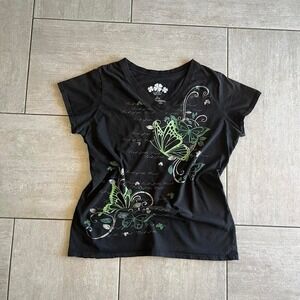 black butterfly graphic tee with green accents